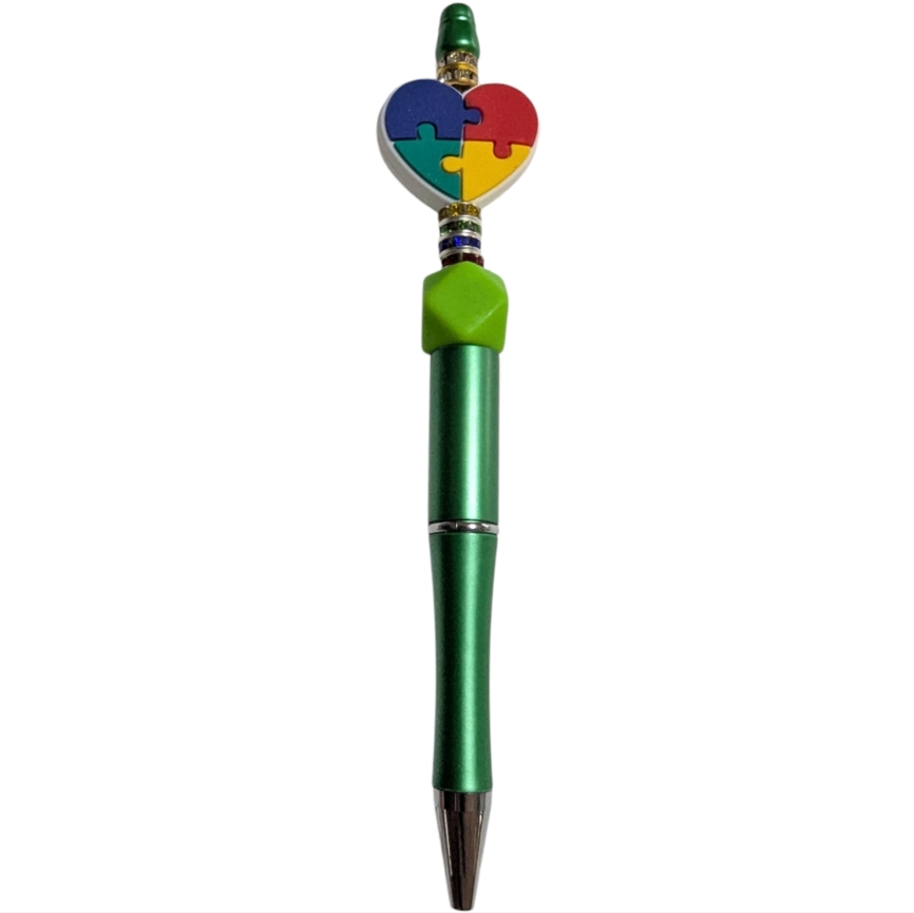 Hand made Autism Ink Pen Heart Puzzle Charm Green Beads Rhinestones H-020